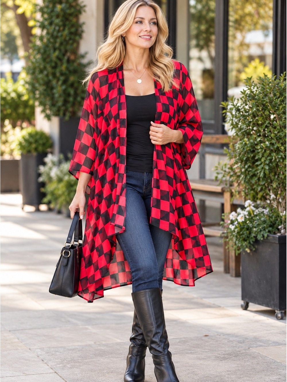 LuLaRoe Red Black Checkered L Long Duster Cardigan Made USA